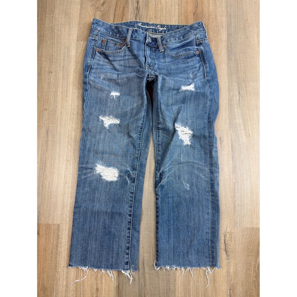 American Eagle Boy Fit Jeans Womens 4 Regular Blue Distressed Low Rise Y2K 2010